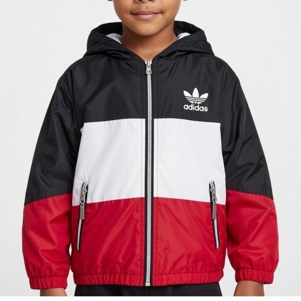 Adidas‎ Classic Vintage Zip Up Hooded Rain  Jacket  Black Red White Youth Size 1